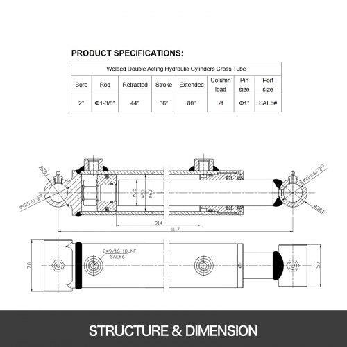 Hydraulic Cylinder 2 Bore 36 Stroke Hydraulic Ram Cylinder 3000psi
