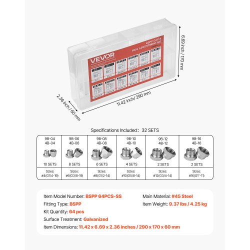 64 PCS BSPP Hydraulic Fittings Hydraulic Cap and Plug Kit with Precision