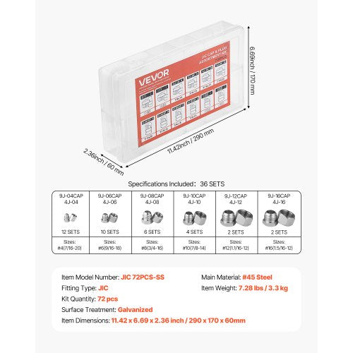 72 PCS JIC Hydraulic Fittings Heavy Duty Master Industrial Hydraulic Cap