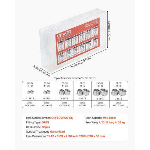 72 PCS ORFS Hydraulic Fittings O Ring Face Seal Fitting Kit Hydraulic Hose