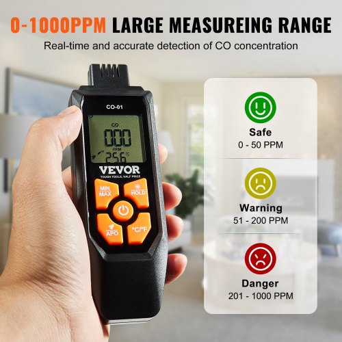 CO Gas Monitor 01000PPM Range Features Sound Light Warning Handheld