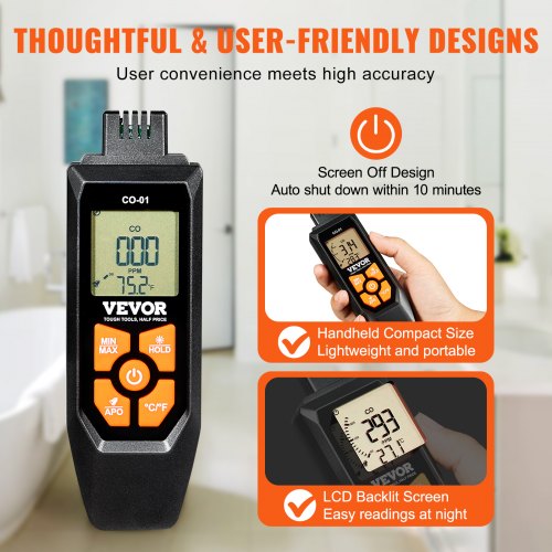 CO Gas Monitor 01000PPM Range Features Sound Light Warning Handheld