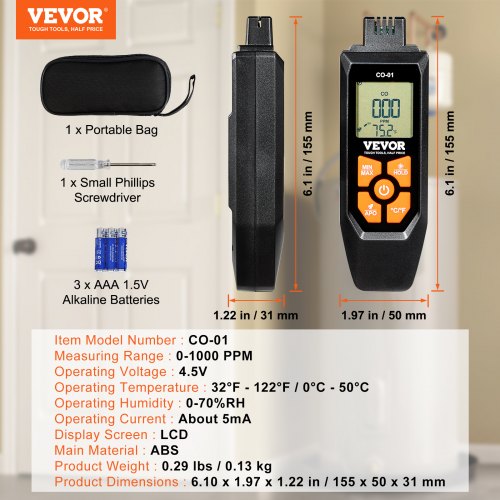 CO Gas Monitor 01000PPM Range Features Sound Light Warning Handheld