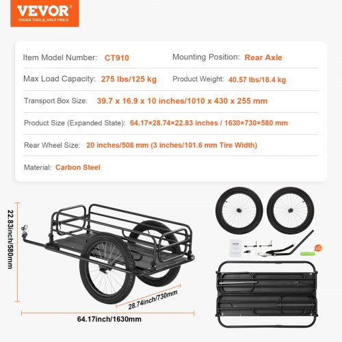 Bike Cargo Trailer 275 lbs Load Capacity HeavyDuty Bicycle Wagon Cart
