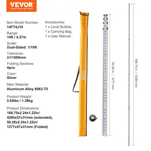 Aluminum Grade Rod 14Feet10ths 6 Sections Telescopic Measuring