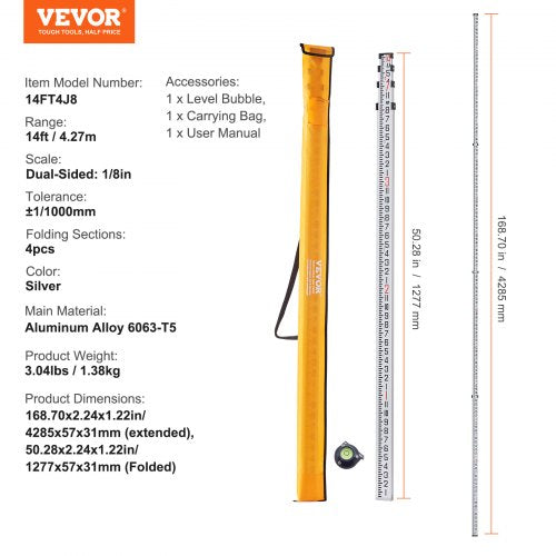 Measuring Rod 14Feet8ths 4 Sections Telescopic Grade Rod 18in w Bag – 31MM