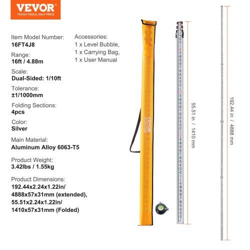 Aluminum Grade Rod 16Feet8ths 4 Sections Telescopic Measuring
