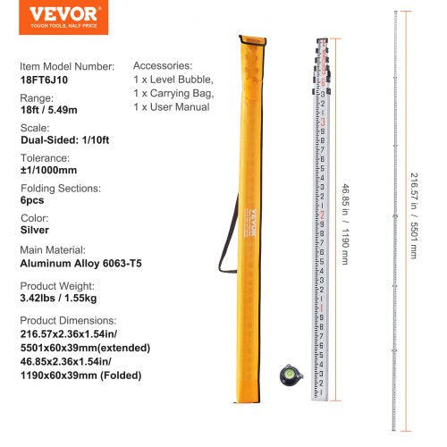 Measuring Rod 18Feet10ths 6 Sections Telescopic Grade Rod 110ft w Bag