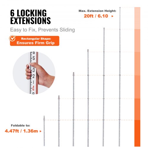 Measuring Rod 20Feet10ths 6 Sections Telescopic Grade Rod 110ft w Bag
