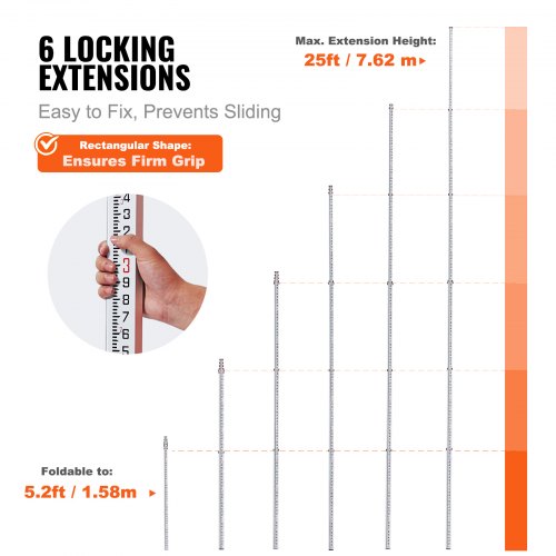 Measuring Rod 25Feet10ths 6 Sections Telescopic Grade Rod 110ft w Bag