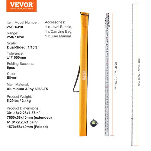 Measuring Rod 25Feet10ths 6 Sections Telescopic Grade Rod 110ft w Bag