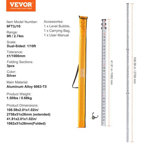 Aluminum Grade Rod 9Feet10ths 3 Sections Telescopic Measuring