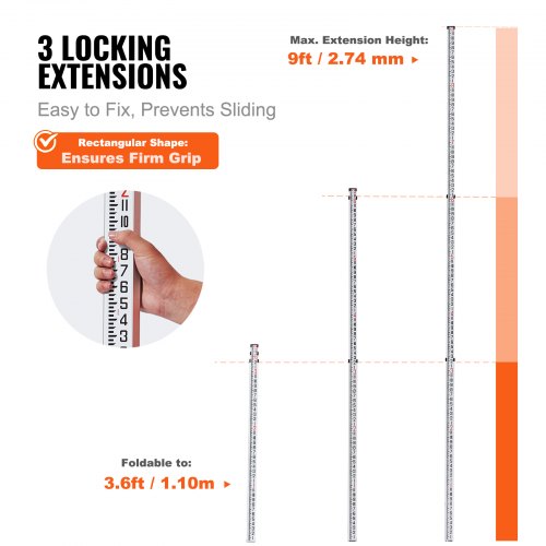 Aluminum Grade Rod 9Feet8ths 3 Sections Telescopic Measuring Rod