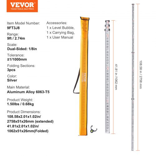 Aluminum Grade Rod 9Feet8ths 3 Sections Telescopic Measuring Rod
