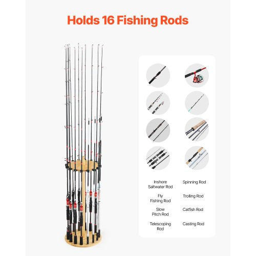 Fishing Rod Holders for 16 Fishing Poles Wood Round Fishing Rods Rack for 16