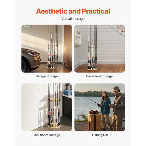 Fishing Rod Holders for 16 Fishing Poles Wood Round Fishing Rods Rack for 16
