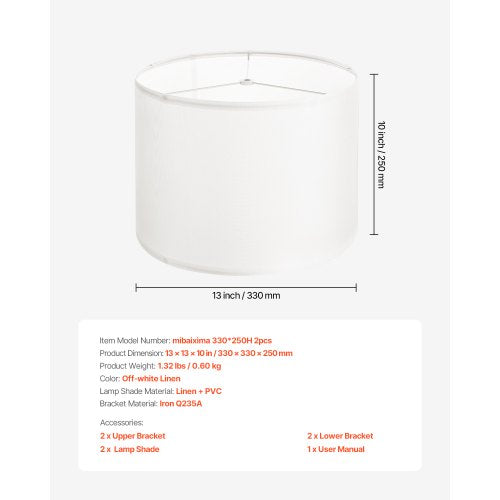 Drum Lamp Shade 2 Set 13 in Top x 13 in Bottom x 10 in High Medium Drum