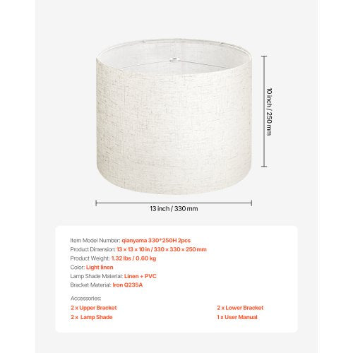 Drum Lamp Shade 2 Set 13 in Top x 13 in Bottom x 10 in High Medium Drum