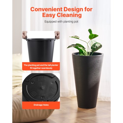 Set of 2 Tall Planter For Outdoor Indoor Plants 24inch Black Round Large