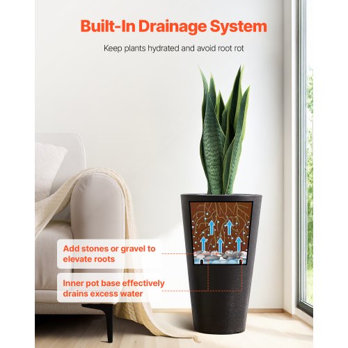 Set of 2 Tall Planter For Outdoor Indoor Plants 24inch Black Round Large