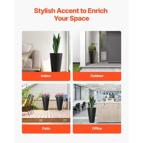 Set of 2 Tall Planter For Outdoor Indoor Plants 24inch Black Round Large