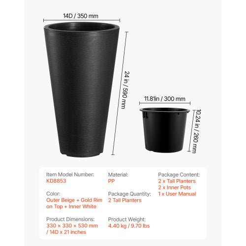 Set of 2 Tall Planter For Outdoor Indoor Plants 24inch Black Round Large
