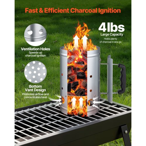 Charcoal Chimney Starter 4 lbs Large Capacity Coal Fireplace Heavy Duty