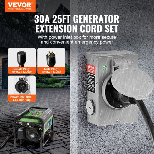 30 Amp Generator Cord and Power Inlet Box Kit 25 FT NEMA L1430PL1430R