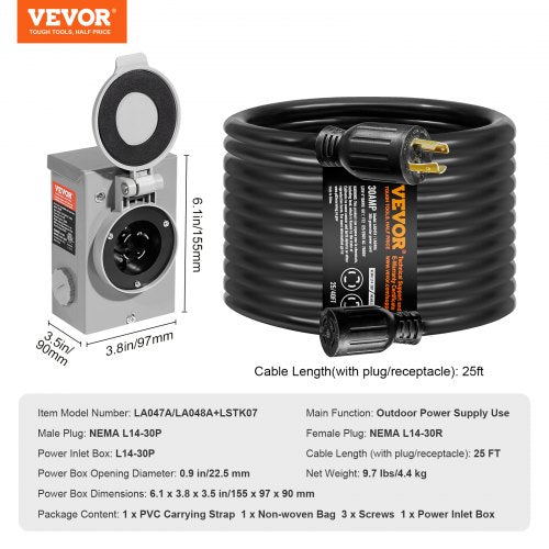 30 Amp Generator Cord and Power Inlet Box Kit 25 FT NEMA L1430PL1430R