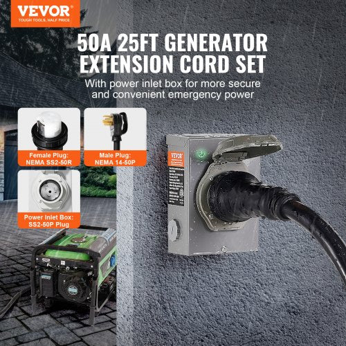 50 Amp Generator Cord and Power Inlet Box Kit 25FT NEMA 1450PSS250R STW