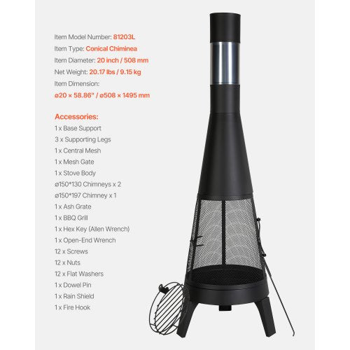Chiminea 20 Inch Outdoor Wood Burning Firepit Conical Fireplace for BBQ