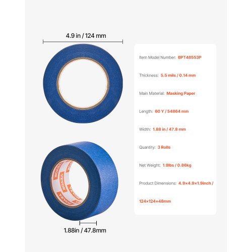 Painters Tape 2 Inch Wide 188 In x 60 Yds 3 Rolls Blue Painter Tape