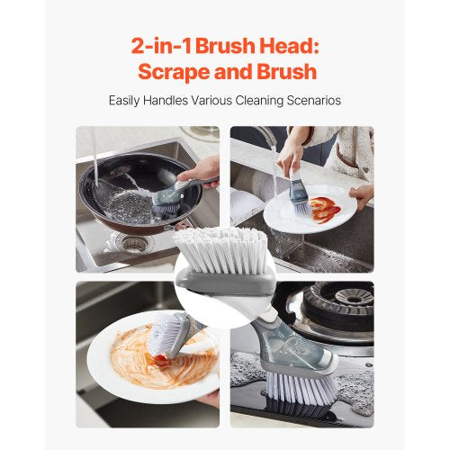 Soap Dispensing Dish Brush Kitchen Scrub Brushes with 3 Brush Heads Dish
