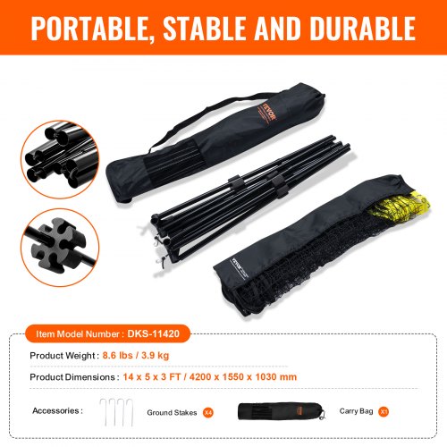 Badminton Net Height Adjustable Volleyball Net 14ft Wide Foldable