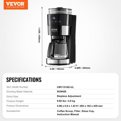 Coffee Maker with Grinder 10 Cup Coffee Machine Grind and Brew Coffee