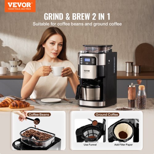 Coffee Maker with Grinder 8 Cup Coffee Machine Grind and Brew Coffee Maker