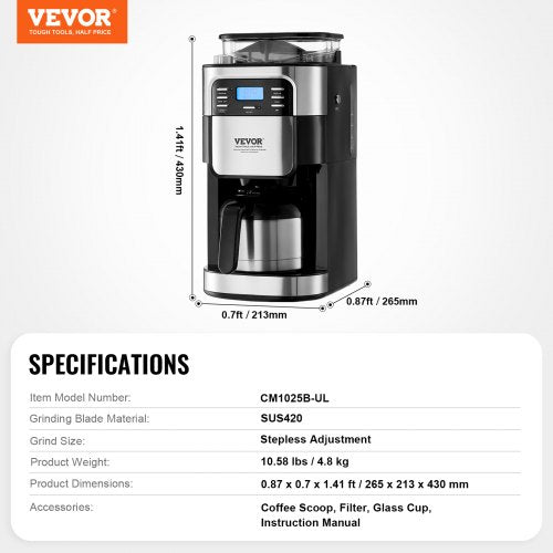 Coffee Maker with Grinder 8 Cup Coffee Machine Grind and Brew Coffee Maker