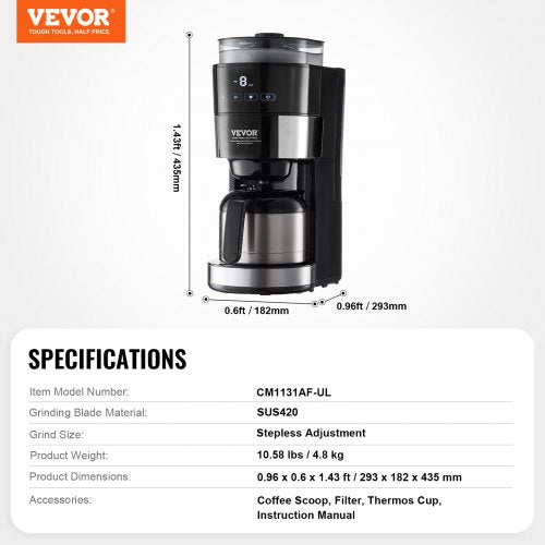 Coffee Maker with Grinder 8 Cup Programmable Coffee Machine Grind and Brew