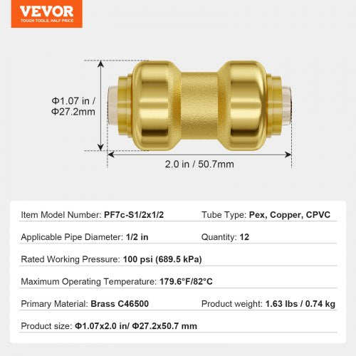 Pipe Fittings 12 12PCS Brass Pipe Fittings StraightThrough PushFit