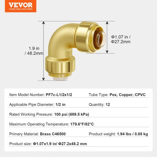 Pipe Fittings 12 12PCS Brass Pipe Fittings Elbow PushFit Pipe Connector