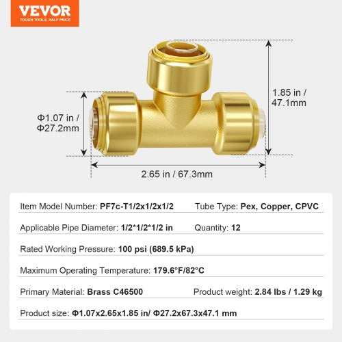 Pipe Fittings 12 12PCS Tee Brass Pipe Fittings PushFit Pipe Connector