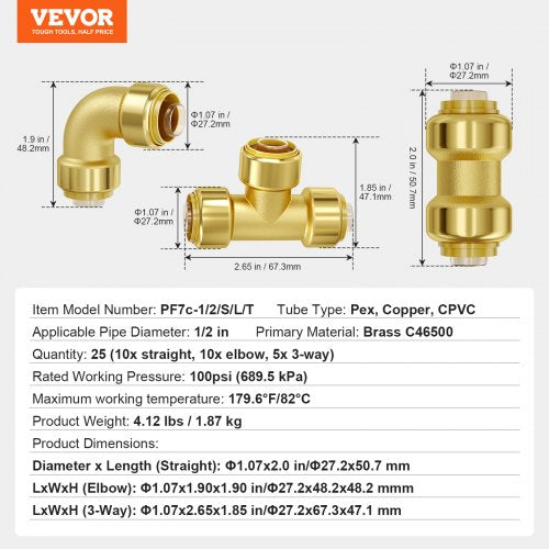 Pipe Fittings 12 25PCS 10xStraight 10xElbows 5xTees Brass Pipe