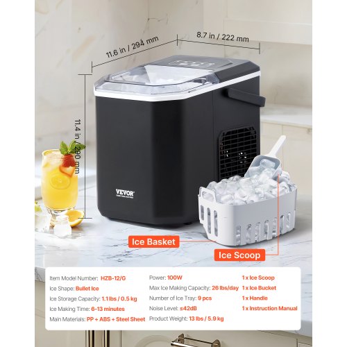 Countertop Ice Maker 9 Cubes Ready in 6 Mins 26lbs in 24Hrs SelfCleaning