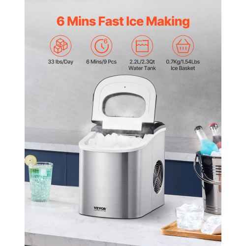 Countertop Ice Maker 9 Cubes Ready in 6 Mins 33lbs in 24Hrs SelfCleaning