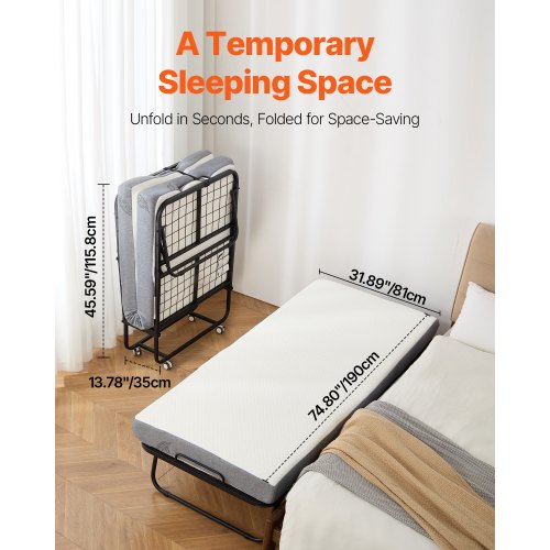 Rollaway Bed 31 in x 75 in Folding Bed with 4 in Mattress Twin Size