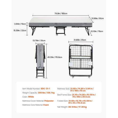 Rollaway Bed 31 in x 75 in Folding Bed with 4 in Mattress Twin Size