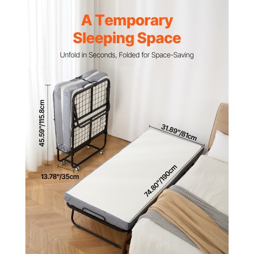 Rollaway Bed 31 in x 75 in Folding Bed with 5 in Mattress Twin Size
