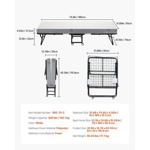 Rollaway Bed 31 in x 75 in Folding Bed with 5 in Mattress Twin Size