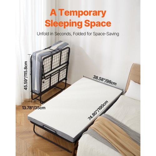 Rollaway Bed 38 in x 75 in Folding Bed with 4 in Mattress Twin Size