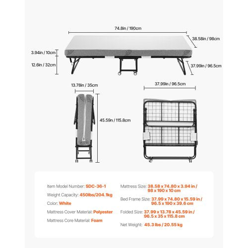 Rollaway Bed 38 in x 75 in Folding Bed with 4 in Mattress Twin Size